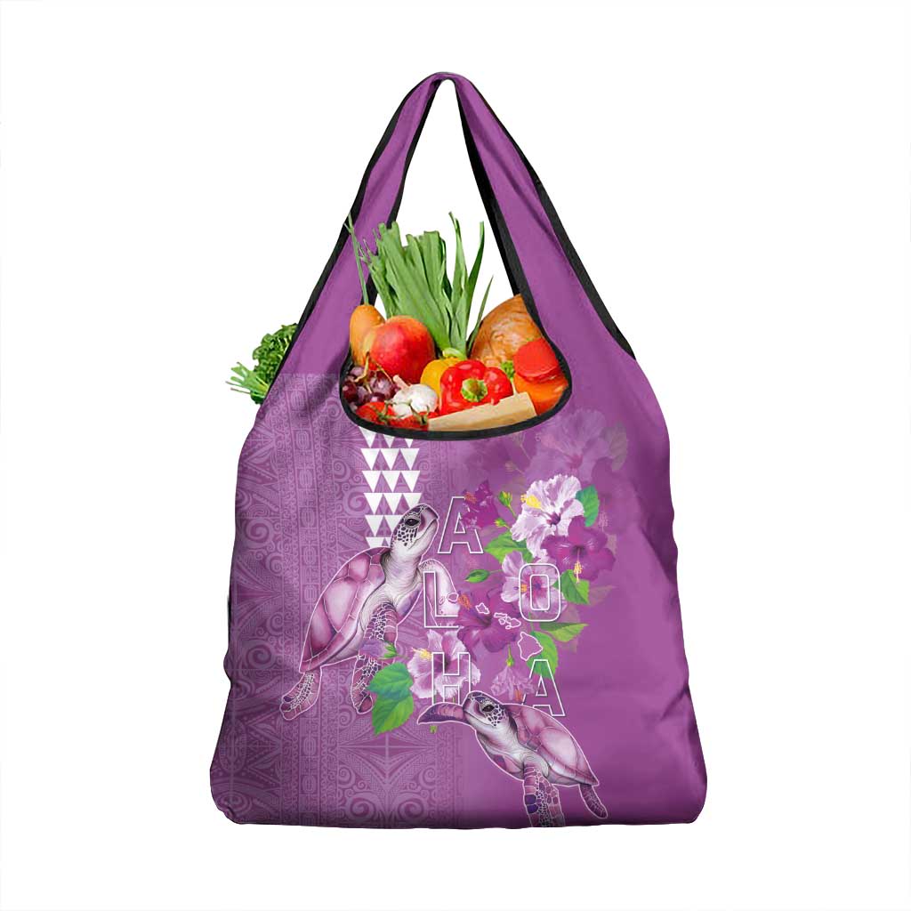 Hawaii Aloha Turtle Hibiscus and Leaves Grocery Bag with Polynesian and Kakau Tattoos Lilac Color - Polynesian Pride