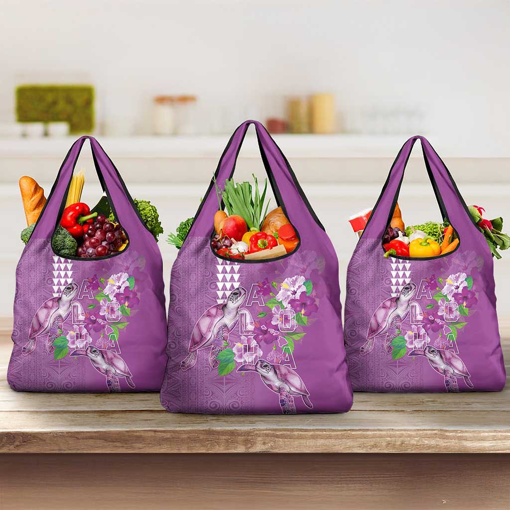Hawaii Aloha Turtle Hibiscus and Leaves Grocery Bag with Polynesian and Kakau Tattoos Lilac Color - Polynesian Pride