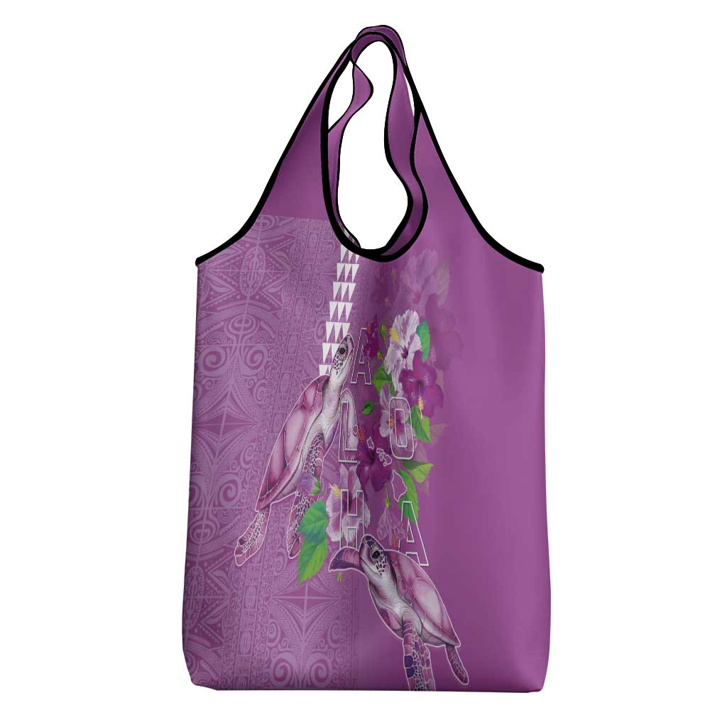 Hawaii Aloha Turtle Hibiscus and Leaves Grocery Bag with Polynesian and Kakau Tattoos Lilac Color - Polynesian Pride