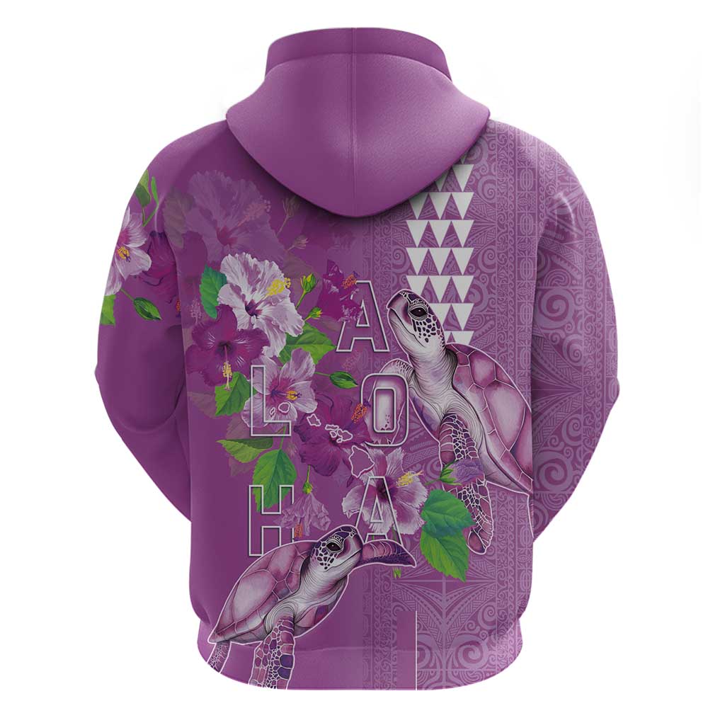Hawaii Aloha Turtle Hibiscus and Leaves Hoodie with Polynesian and Kakau Tattoos Lilac Color - Polynesian Pride