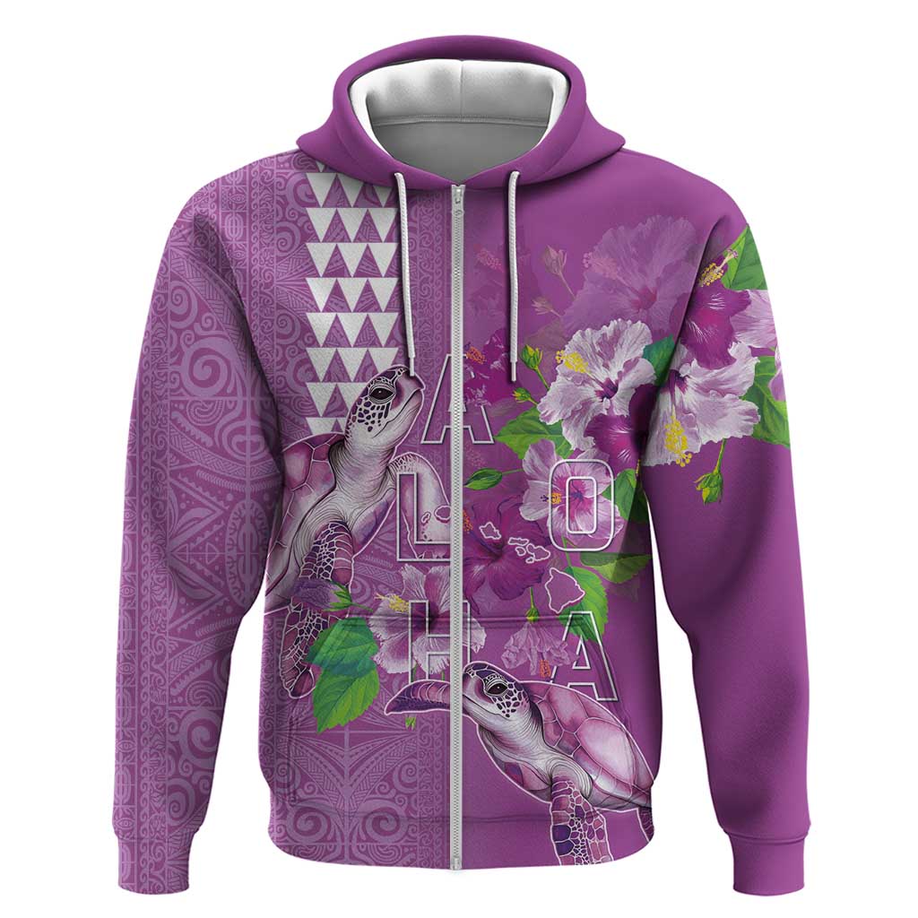 Hawaii Aloha Turtle Hibiscus and Leaves Hoodie with Polynesian and Kakau Tattoos Lilac Color - Polynesian Pride