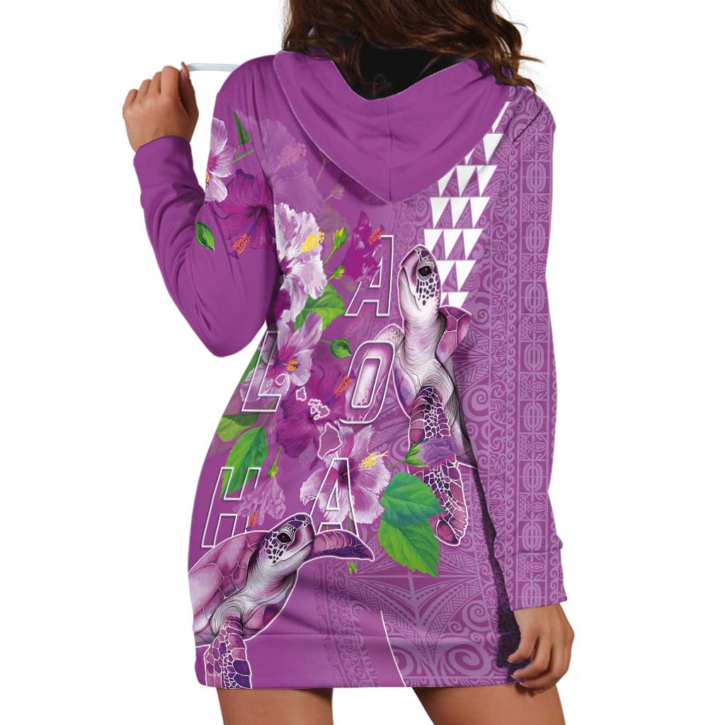 Hawaii Aloha Turtle Hibiscus and Leaves Hoodie Dress with Polynesian and Kakau Tattoos Lilac Color - Polynesian Pride