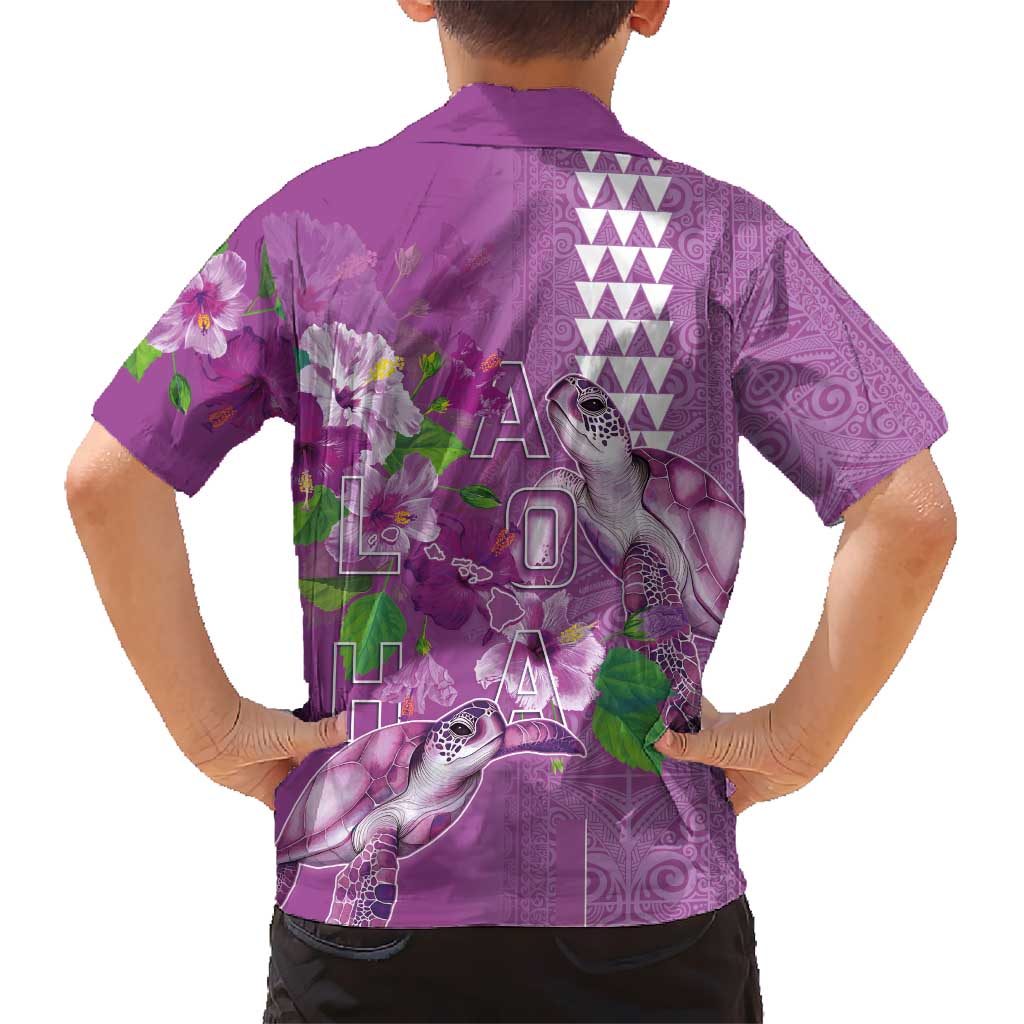 Hawaii Aloha Turtle Hibiscus and Leaves Kid Hawaiian Shirt with Polynesian and Kakau Tattoos Lilac Color - Polynesian Pride