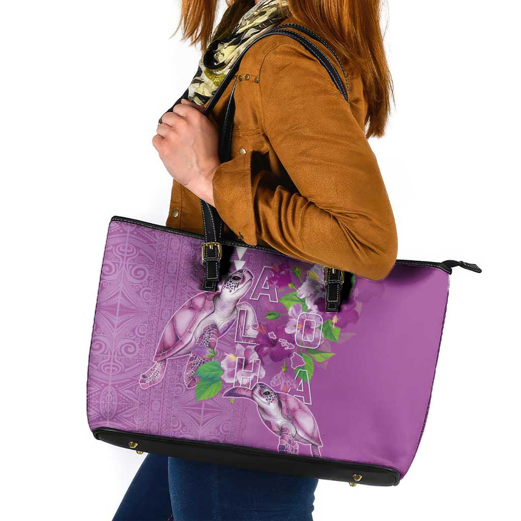 Hawaii Aloha Turtle Hibiscus and Leaves Leather Tote Bag with Polynesian and Kakau Tattoos Lilac Color - Polynesian Pride