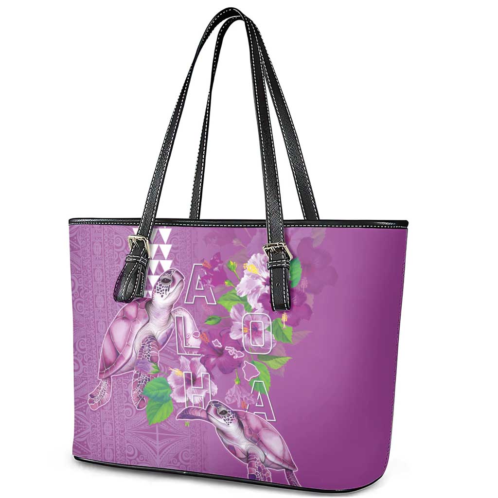 Hawaii Aloha Turtle Hibiscus and Leaves Leather Tote Bag with Polynesian and Kakau Tattoos Lilac Color - Polynesian Pride