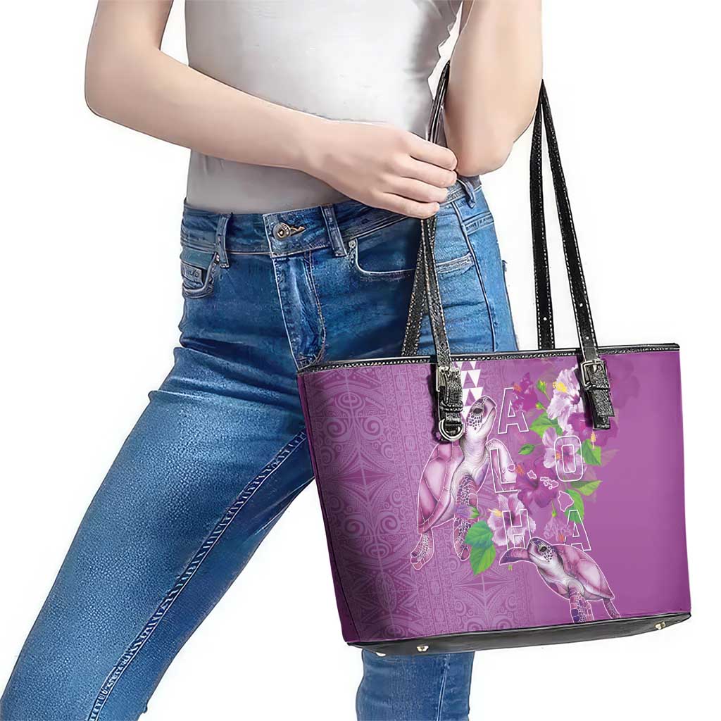 Hawaii Aloha Turtle Hibiscus and Leaves Leather Tote Bag with Polynesian and Kakau Tattoos Lilac Color - Polynesian Pride