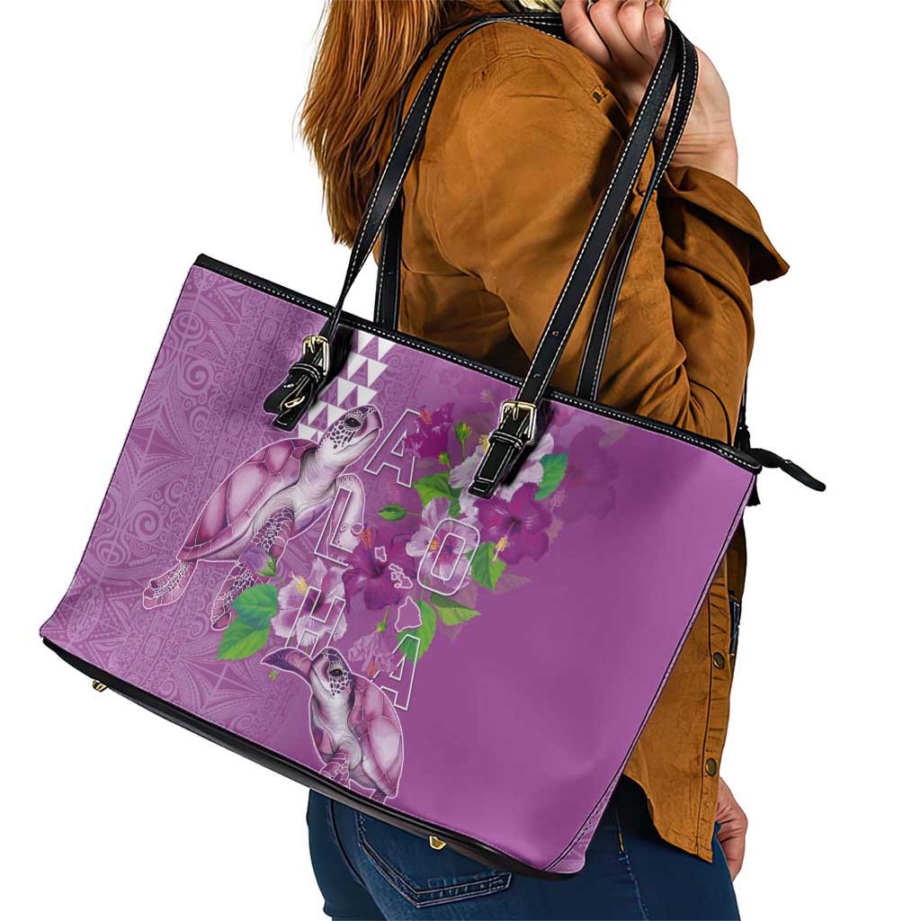 Hawaii Aloha Turtle Hibiscus and Leaves Leather Tote Bag with Polynesian and Kakau Tattoos Lilac Color - Polynesian Pride