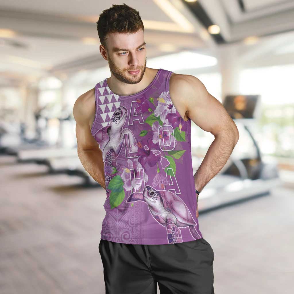 Hawaii Aloha Turtle Hibiscus and Leaves Men Tank Top with Polynesian and Kakau Tattoos Lilac Color - Polynesian Pride