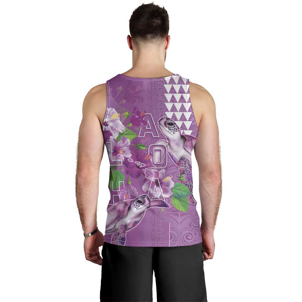 Hawaii Aloha Turtle Hibiscus and Leaves Men Tank Top with Polynesian and Kakau Tattoos Lilac Color - Polynesian Pride
