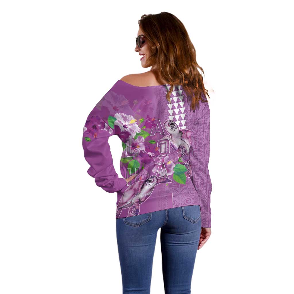 Hawaii Aloha Turtle Hibiscus and Leaves Off Shoulder Sweater with Polynesian and Kakau Tattoos Lilac Color - Polynesian Pride