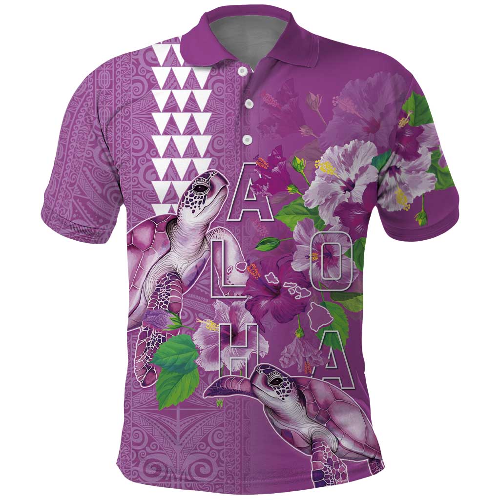 Hawaii Aloha Turtle Hibiscus and Leaves Polo Shirt with Polynesian and Kakau Tattoos Lilac Color - Polynesian Pride