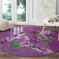 Hawaii Aloha Turtle Hibiscus and Leaves Round Carpet with Polynesian and Kakau Tattoos Lilac Color - Polynesian Pride