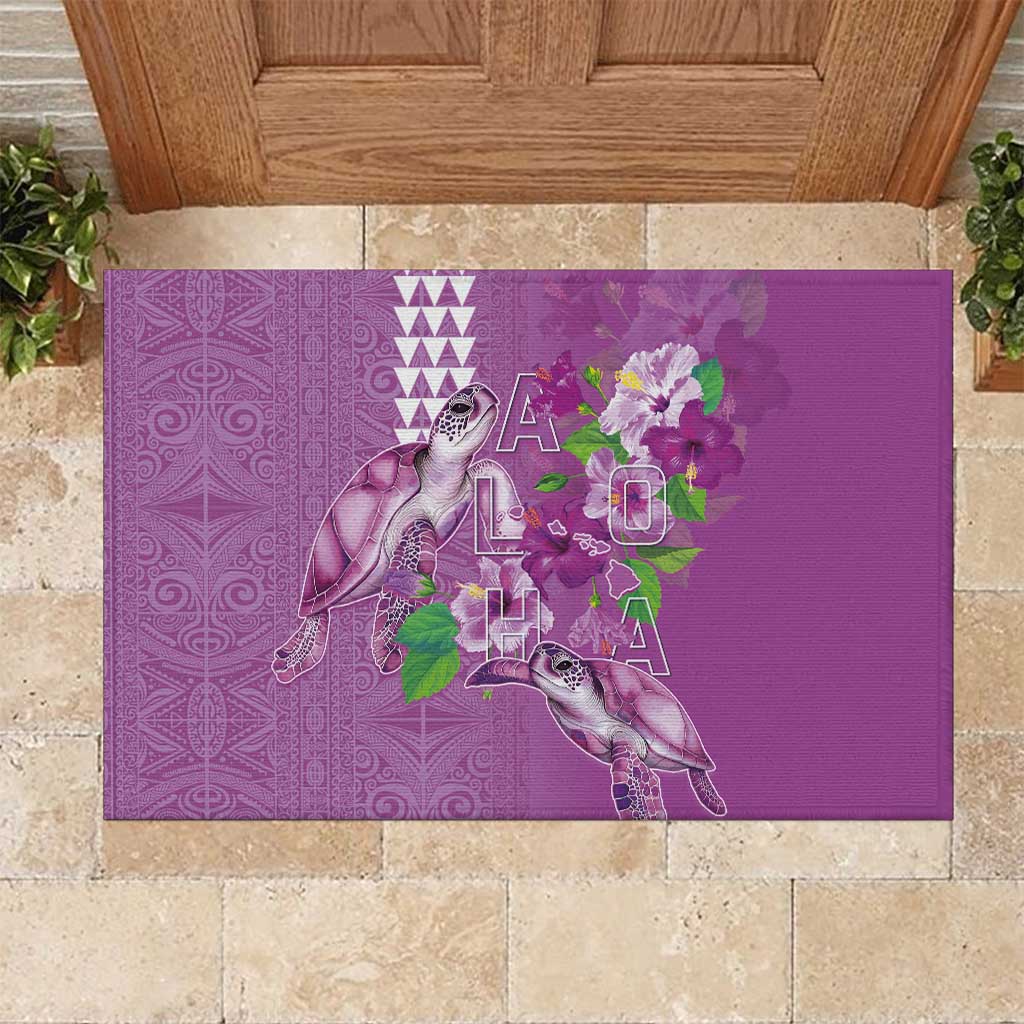 Hawaii Aloha Turtle Hibiscus and Leaves Rubber Doormat with Polynesian and Kakau Tattoos Lilac Color - Polynesian Pride