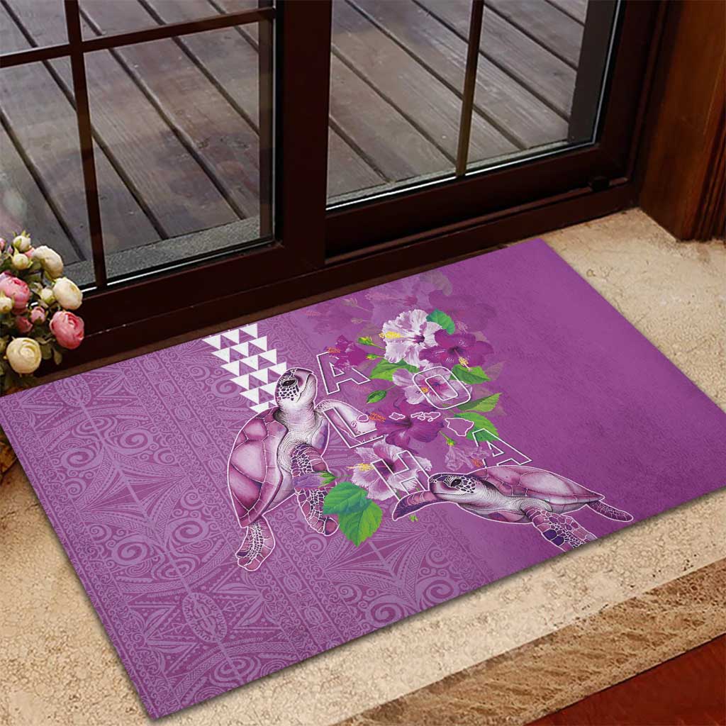 Hawaii Aloha Turtle Hibiscus and Leaves Rubber Doormat with Polynesian and Kakau Tattoos Lilac Color - Polynesian Pride