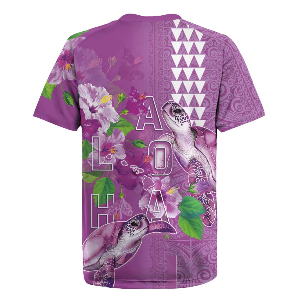 Hawaii Aloha Turtle Hibiscus and Leaves Rugby Jersey with Polynesian and Kakau Tattoos Lilac Color - Polynesian Pride