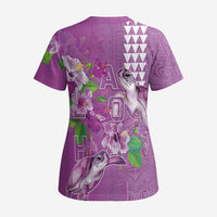 Hawaii Aloha Turtle Hibiscus and Leaves Scrub Top with Polynesian and Kakau Tattoos Lilac Color - Polynesian Pride
