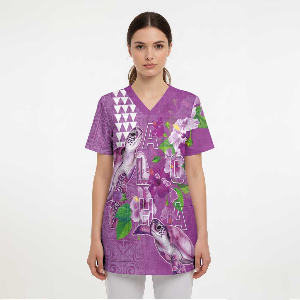 Hawaii Aloha Turtle Hibiscus and Leaves Scrub Top with Polynesian and Kakau Tattoos Lilac Color - Polynesian Pride
