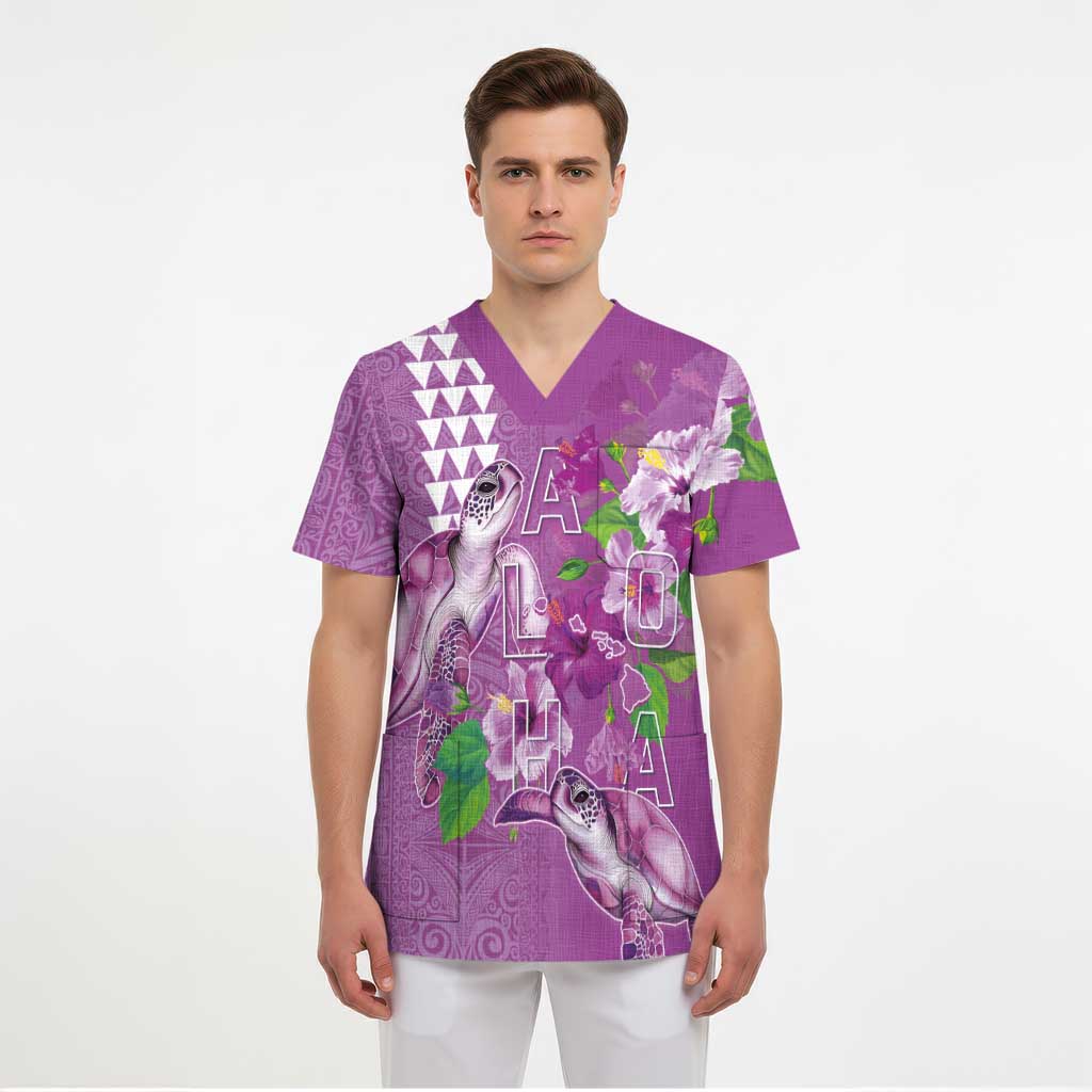 Hawaii Aloha Turtle Hibiscus and Leaves Scrub Top with Polynesian and Kakau Tattoos Lilac Color - Polynesian Pride