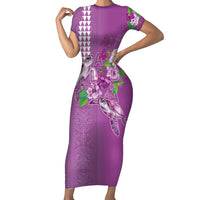 Hawaii Aloha Turtle Hibiscus and Leaves Short Sleeve Bodycon Dress with Polynesian and Kakau Tattoos Lilac Color - Polynesian Pride