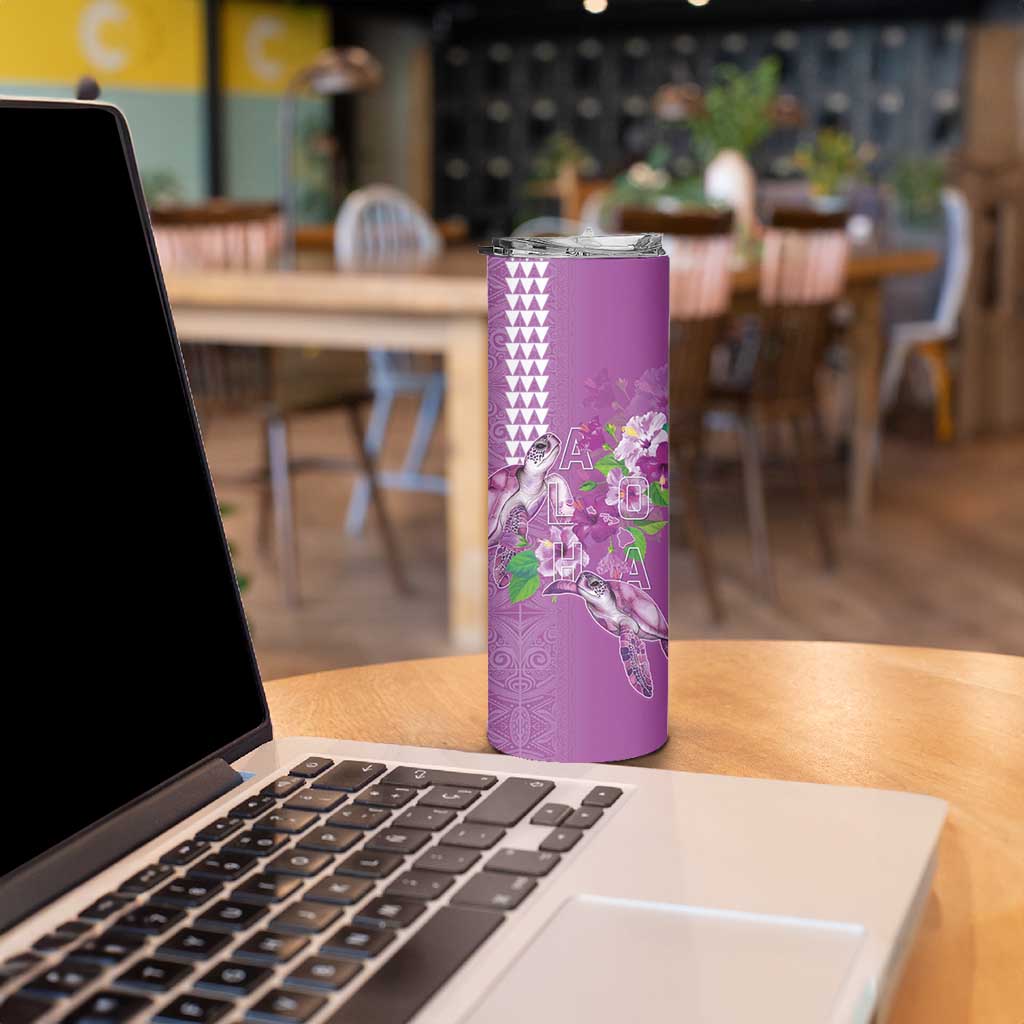 Hawaii Aloha Turtle Hibiscus and Leaves Skinny Tumbler with Polynesian and Kakau Tattoos Lilac Color - Polynesian Pride