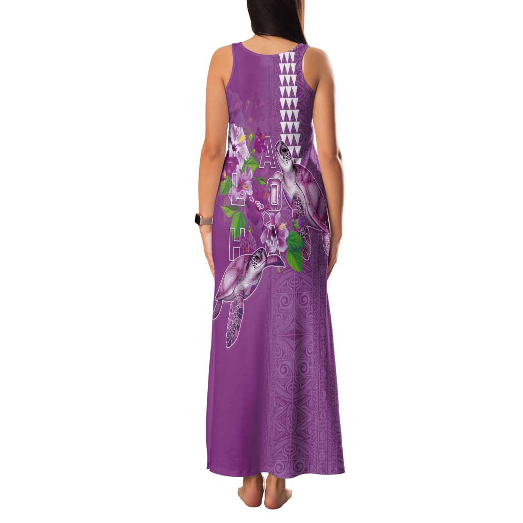 Hawaii Aloha Turtle Hibiscus and Leaves Tank Maxi Dress with Polynesian and Kakau Tattoos Lilac Color - Polynesian Pride