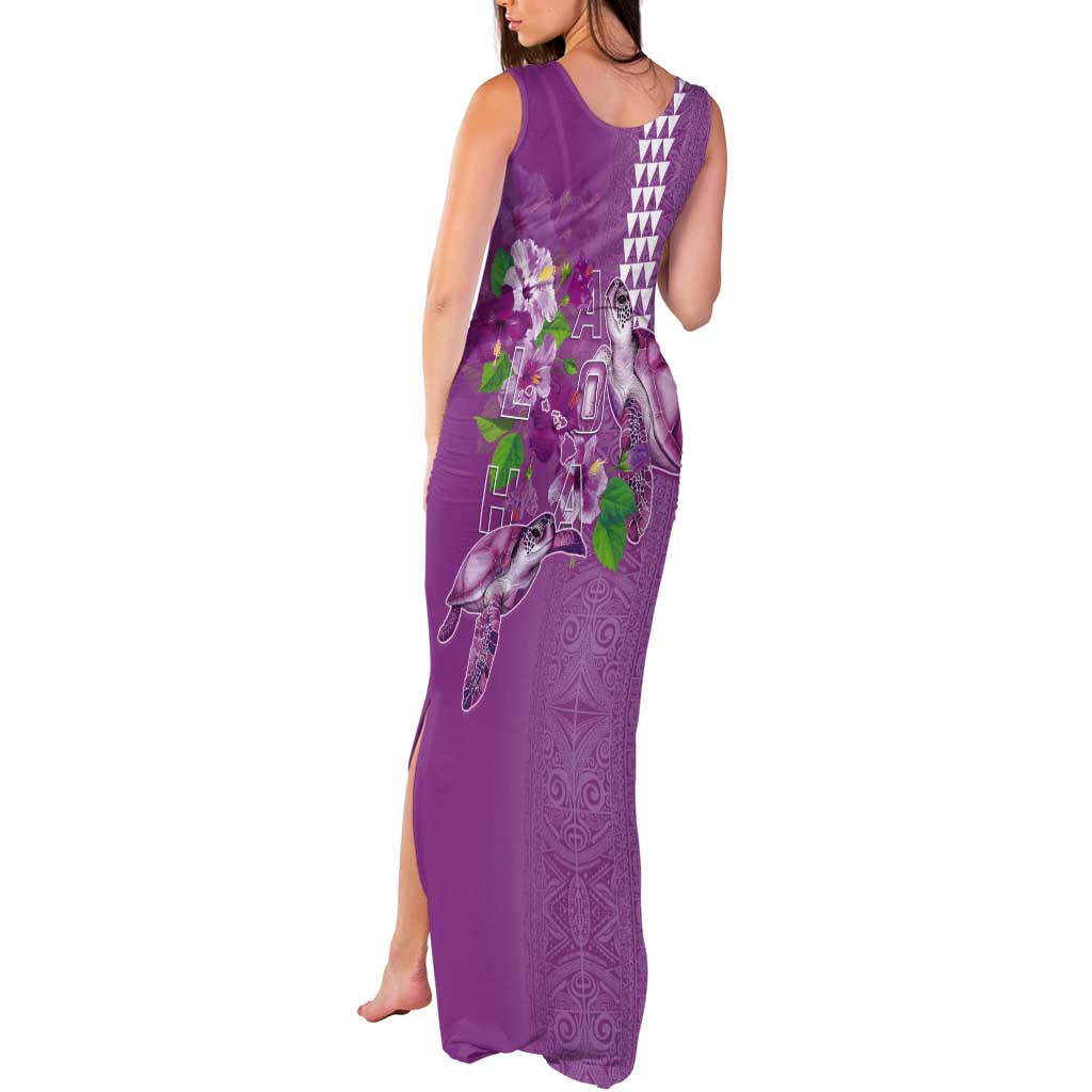 Hawaii Aloha Turtle Hibiscus and Leaves Tank Maxi Dress with Polynesian and Kakau Tattoos Lilac Color - Polynesian Pride