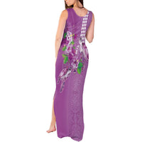 Hawaii Aloha Turtle Hibiscus and Leaves Tank Maxi Dress with Polynesian and Kakau Tattoos Lilac Color - Polynesian Pride