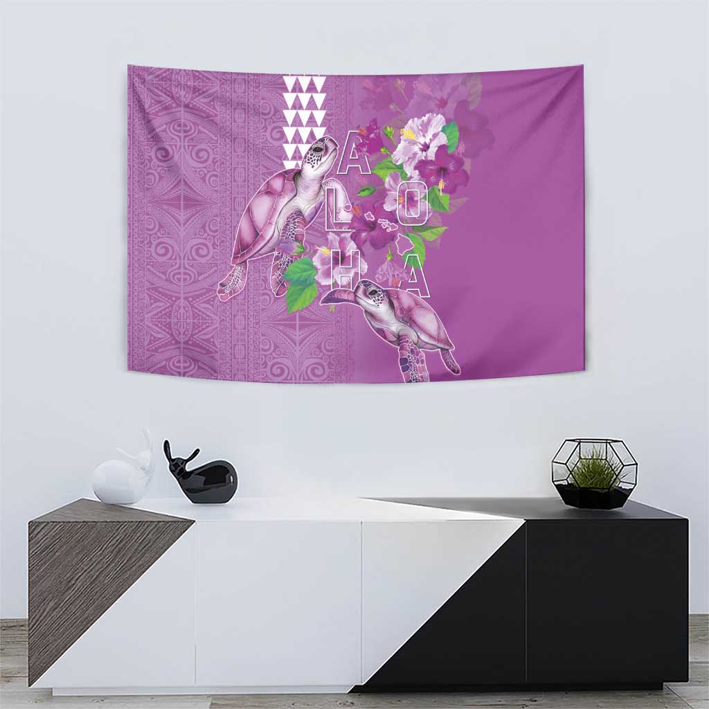 Hawaii Aloha Turtle Hibiscus and Leaves Tapestry with Polynesian and Kakau Tattoos Lilac Color - Polynesian Pride