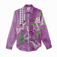 Hawaii Aloha Turtle Hibiscus and Leaves Women Casual Shirt with Polynesian and Kakau Tattoos Lilac Color - Polynesian Pride