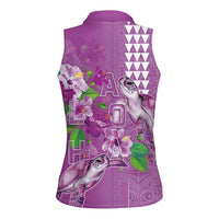 Hawaii Aloha Turtle Hibiscus and Leaves Women Sleeveless Polo Shirt with Polynesian and Kakau Tattoos Lilac Color - Polynesian Pride