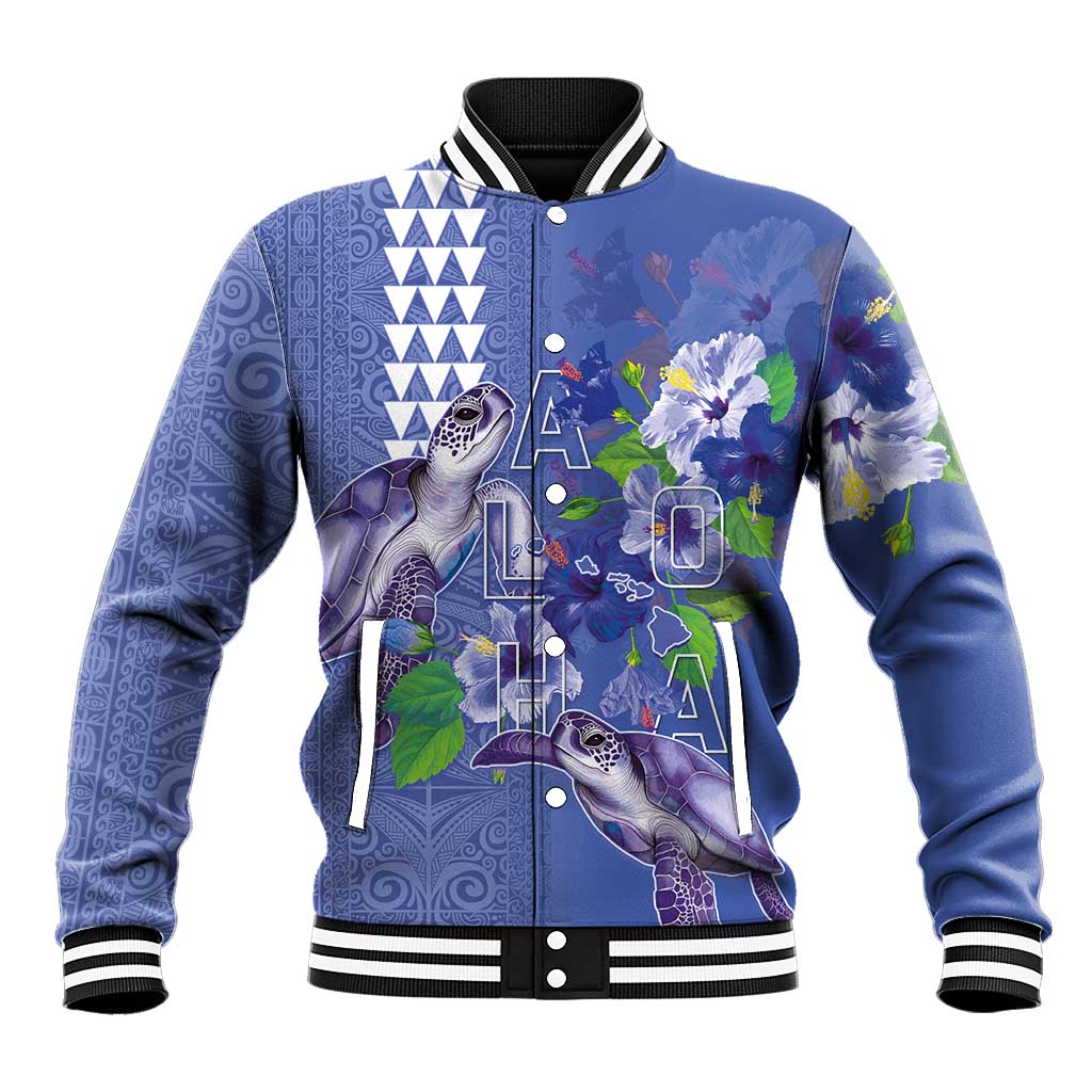 Hawaii Aloha Turtle Hibiscus and Leaves Baseball Jacket with Polynesian and Kakau Tattoos Denim Color LT03 Unisex Blue - Polynesian Pride