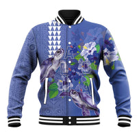 Hawaii Aloha Turtle Hibiscus and Leaves Baseball Jacket with Polynesian and Kakau Tattoos Denim Color LT03 Unisex Blue - Polynesian Pride