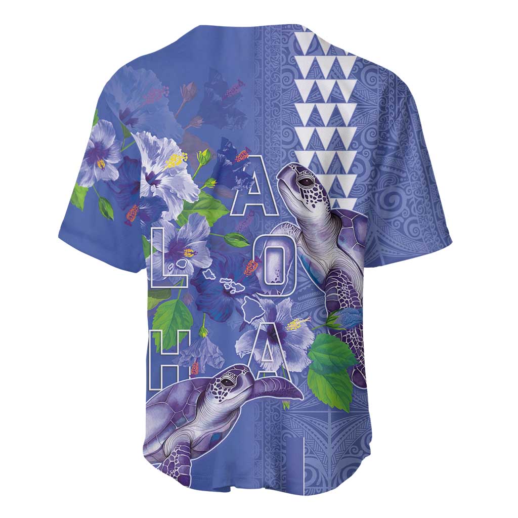 Hawaii Aloha Turtle Hibiscus and Leaves Baseball Jersey with Polynesian and Kakau Tattoos Denim Color - Polynesian Pride