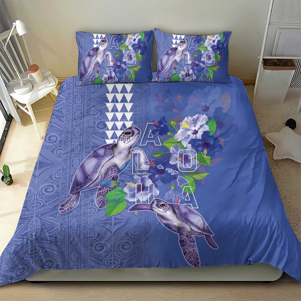 Hawaii Aloha Turtle Hibiscus and Leaves Bedding Set with Polynesian and Kakau Tattoos Denim Color - Polynesian Pride