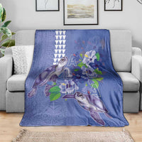Hawaii Aloha Turtle Hibiscus and Leaves Blanket with Polynesian and Kakau Tattoos Denim Color - Polynesian Pride