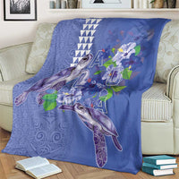 Hawaii Aloha Turtle Hibiscus and Leaves Blanket with Polynesian and Kakau Tattoos Denim Color - Polynesian Pride