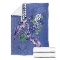 Hawaii Aloha Turtle Hibiscus and Leaves Blanket with Polynesian and Kakau Tattoos Denim Color - Polynesian Pride