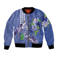Hawaii Aloha Turtle Hibiscus and Leaves Bomber Jacket with Polynesian and Kakau Tattoos Denim Color - Polynesian Pride
