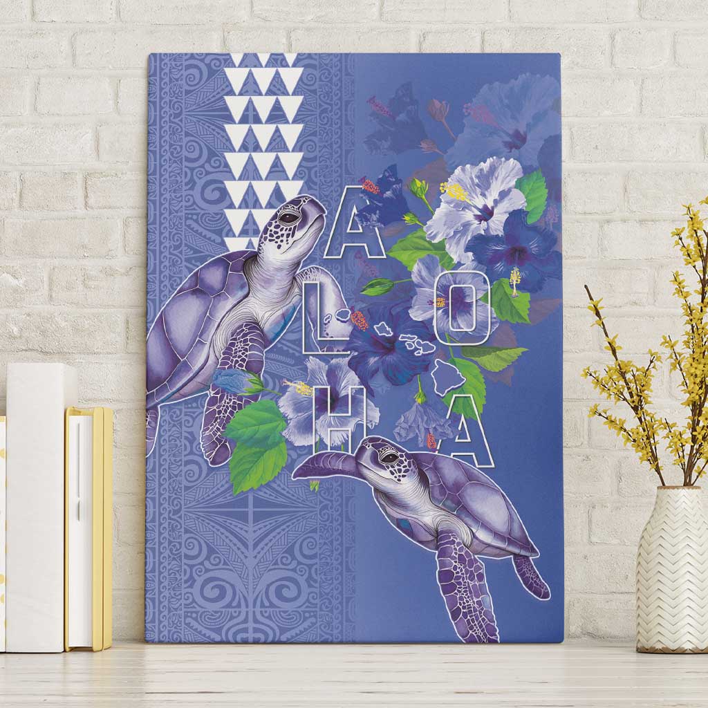 Hawaii Aloha Turtle Hibiscus and Leaves Canvas Wall Art with Polynesian and Kakau Tattoos Denim Color - Polynesian Pride