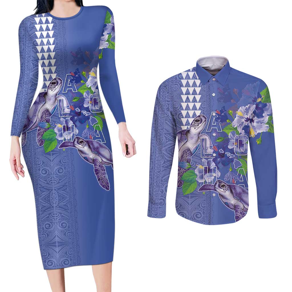 Hawaii Aloha Turtle Hibiscus and Leaves Couples Matching Long Sleeve Bodycon Dress and Long Sleeve Button Shirt with Polynesian and Kakau Tattoos Denim Color - Polynesian Pride