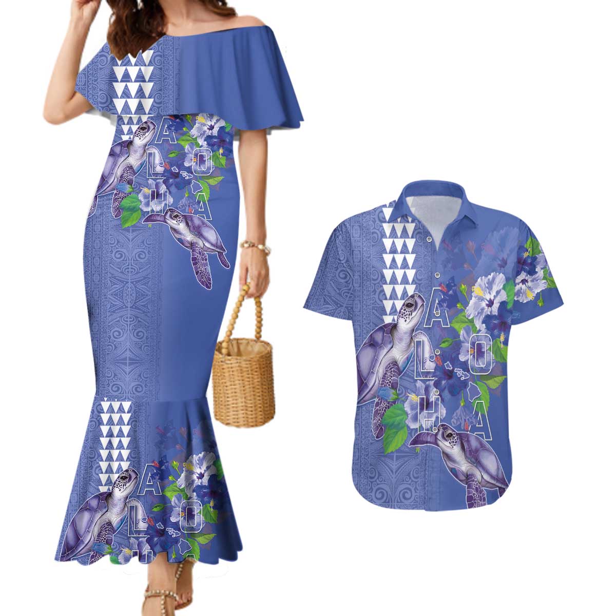 Hawaii Aloha Turtle Hibiscus and Leaves Couples Matching Mermaid Dress and Hawaiian Shirt with Polynesian and Kakau Tattoos Denim Color - Polynesian Pride
