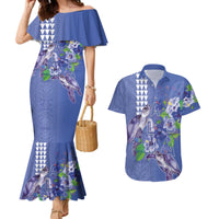 Hawaii Aloha Turtle Hibiscus and Leaves Couples Matching Mermaid Dress and Hawaiian Shirt with Polynesian and Kakau Tattoos Denim Color - Polynesian Pride