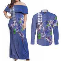 Hawaii Aloha Turtle Hibiscus and Leaves Couples Matching Off Shoulder Maxi Dress and Long Sleeve Button Shirt with Polynesian and Kakau Tattoos Denim Color - Polynesian Pride
