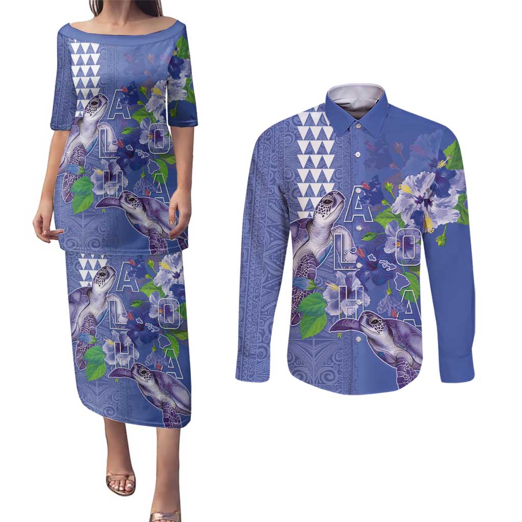 Hawaii Aloha Turtle Hibiscus and Leaves Couples Matching Puletasi and Long Sleeve Button Shirt with Polynesian and Kakau Tattoos Denim Color - Polynesian Pride
