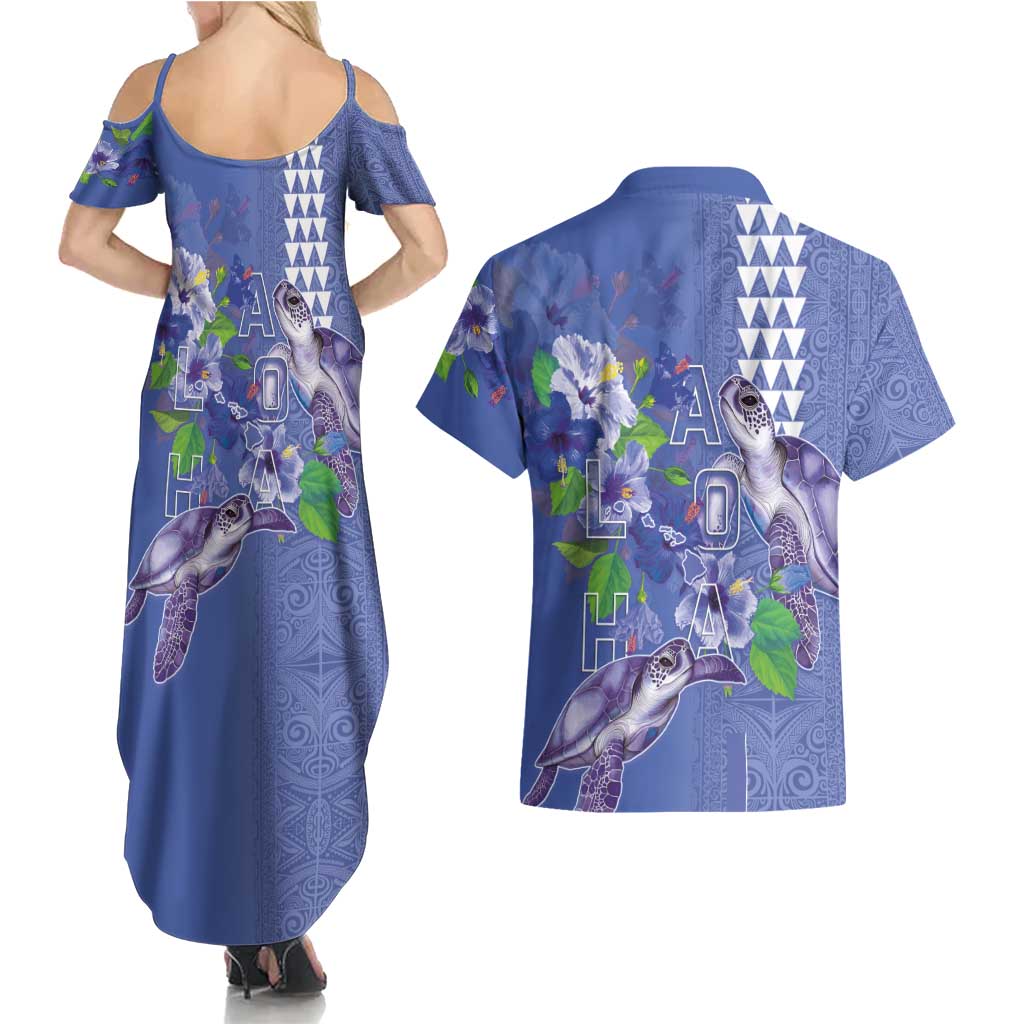 Hawaii Aloha Turtle Hibiscus and Leaves Couples Matching Summer Maxi Dress and Hawaiian Shirt with Polynesian and Kakau Tattoos Denim Color - Polynesian Pride