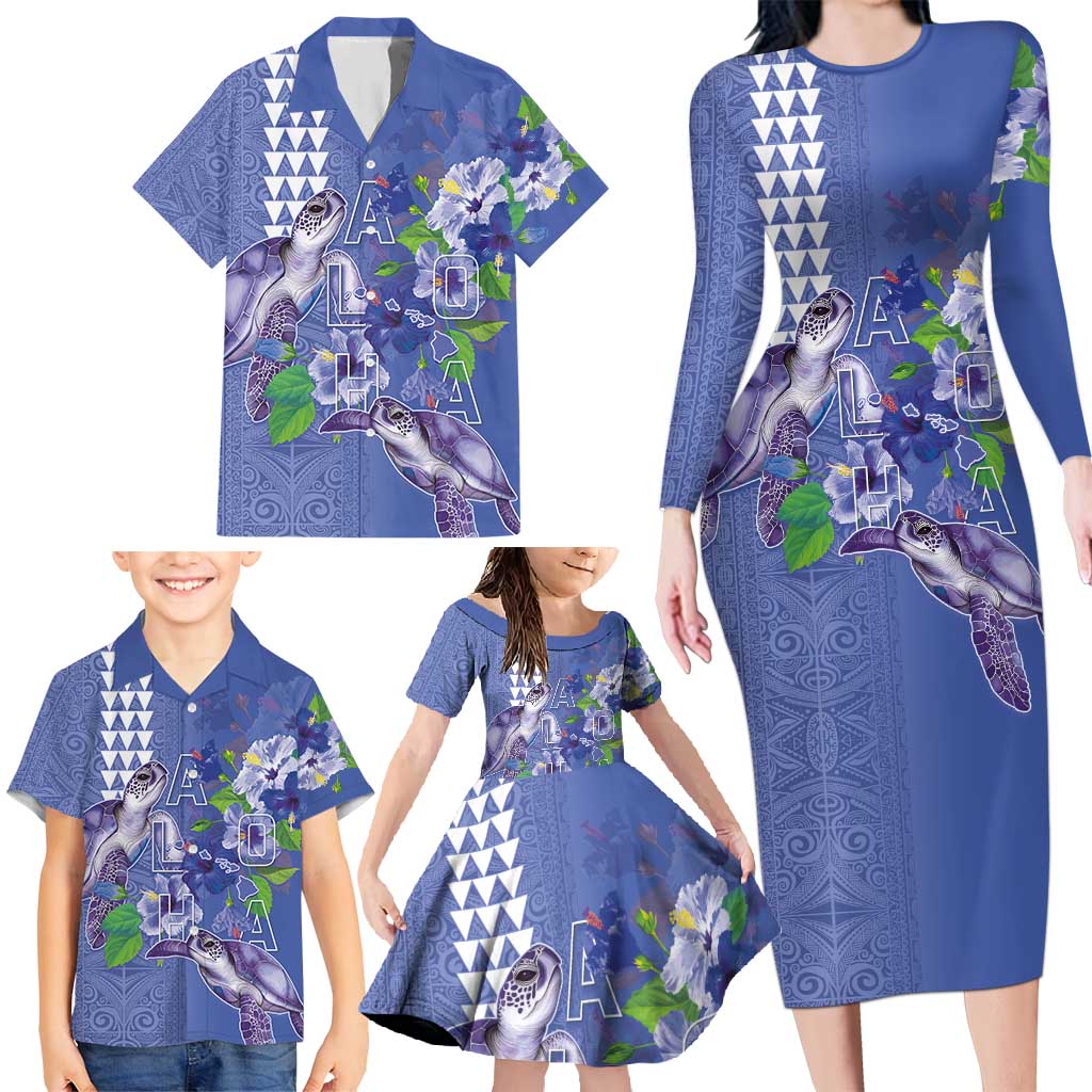 Hawaii Aloha Turtle Hibiscus and Leaves Family Matching Long Sleeve Bodycon Dress and Hawaiian Shirt with Polynesian and Kakau Tattoos Denim Color - Polynesian Pride