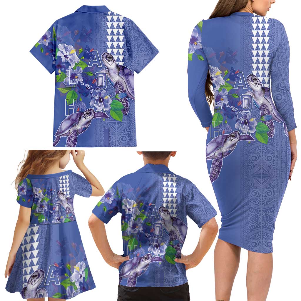 Hawaii Aloha Turtle Hibiscus and Leaves Family Matching Long Sleeve Bodycon Dress and Hawaiian Shirt with Polynesian and Kakau Tattoos Denim Color - Polynesian Pride