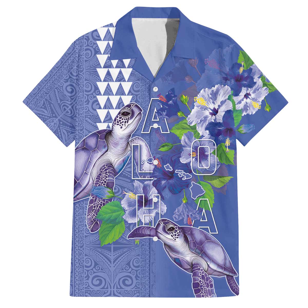 Hawaii Aloha Turtle Hibiscus and Leaves Family Matching Off The Shoulder Long Sleeve Dress and Hawaiian Shirt with Polynesian and Kakau Tattoos Denim Color - Polynesian Pride