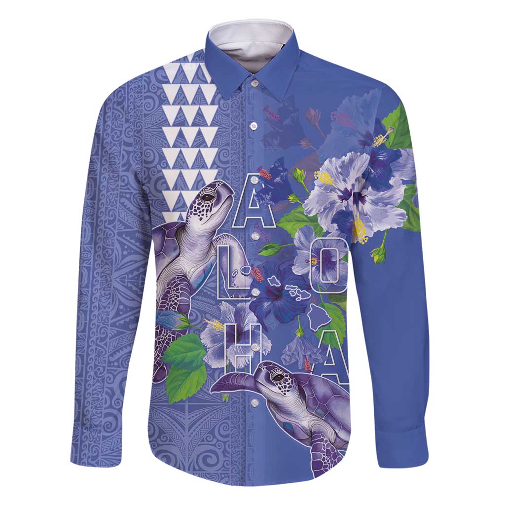 Hawaii Aloha Turtle Hibiscus and Leaves Family Matching Off Shoulder Maxi Dress and Hawaiian Shirt with Polynesian and Kakau Tattoos Denim Color - Polynesian Pride