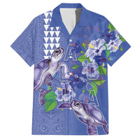 Hawaii Aloha Turtle Hibiscus and Leaves Family Matching Puletasi and Hawaiian Shirt with Polynesian and Kakau Tattoos Denim Color - Polynesian Pride